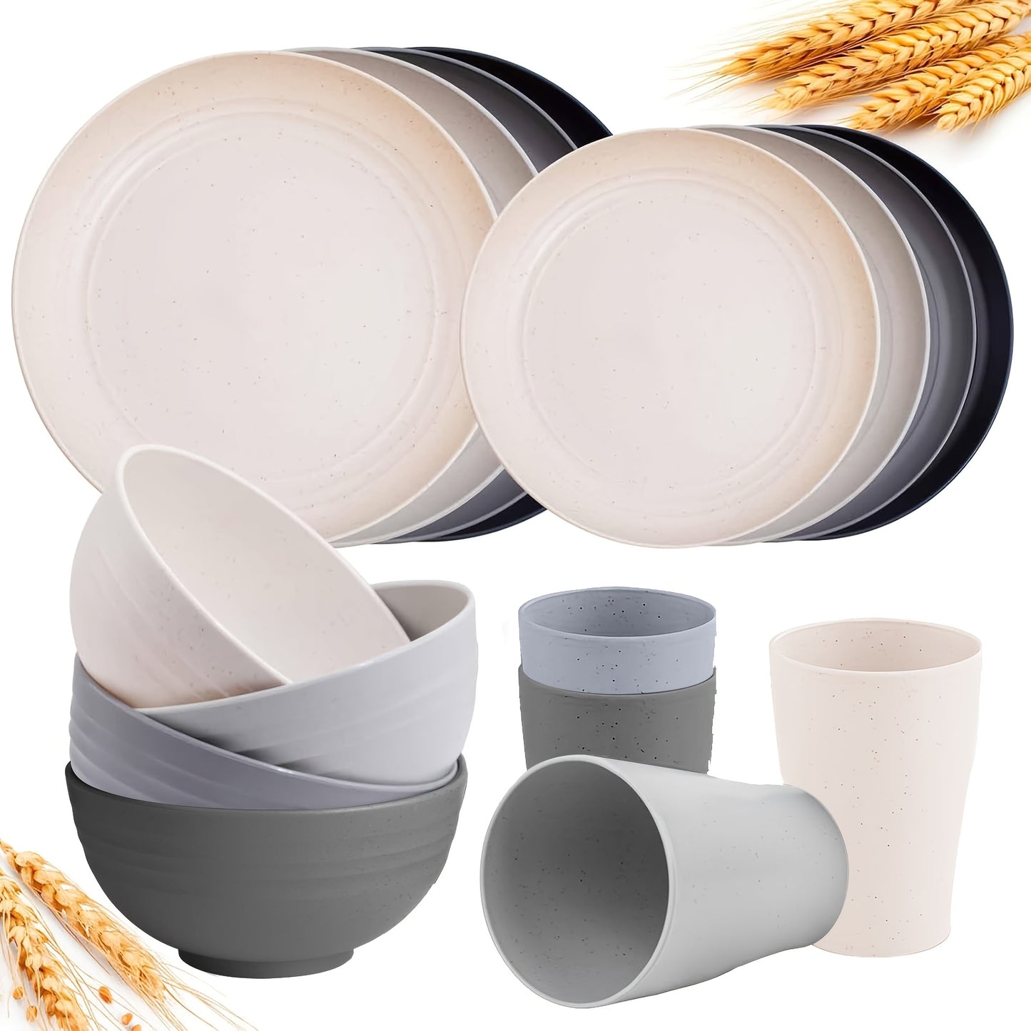 16/32pcs Kitchen Wheat Straw Large Size Dinnerware Set, For 4/8, Unbreakable Modern Dish Set Dinner Plate/Dessert Plate/Cereal Bowl/Cup, Dishwasher Safe, Lightweight Tableware, Camping And Everyday Use, Gifts For Men/Women/Ch