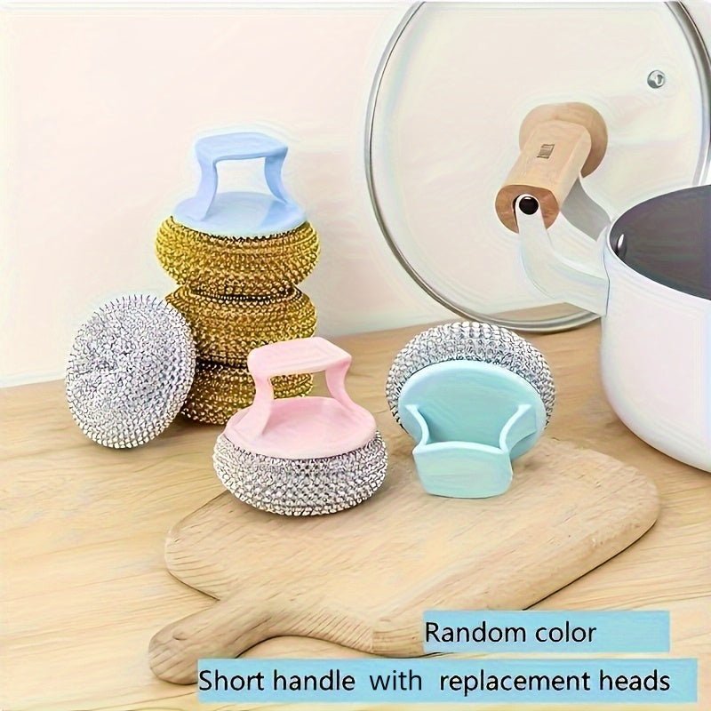 1pc Stainless Steel Cleaning Brush - Ergonomic Handle, Reusable Scrubbing Ball for Cookware, Kitchen, Bathroom, Floor and Outdoor Use, Durable Plastic and Metal Bristles, No Electricity Required, Multifunctional Scrubbing Bal - Buy That Thang