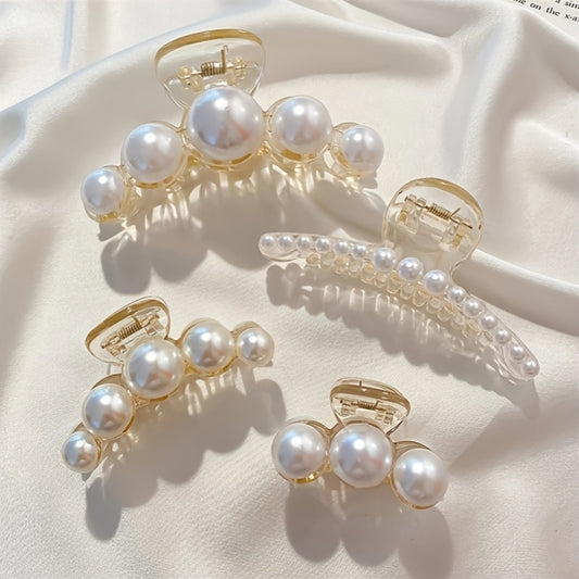 4pcs Set Elegant Pearl Hair Clips, Medium Size, Imitation Pearl Accents, Strong Grip Plastic Hairpins, Solid Color Fashion Hair Accessories for Women