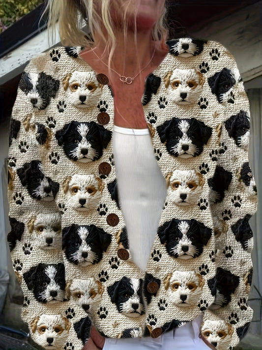 Women'S 3D Printed Cute Puppy Pattern Casual Cardigan - Fashionable Round Neck All-over Print Long Sleeve Coat, Front Button, Soft Fabric Sweater, Lightweight Four-season Outerwear, And Fashionable