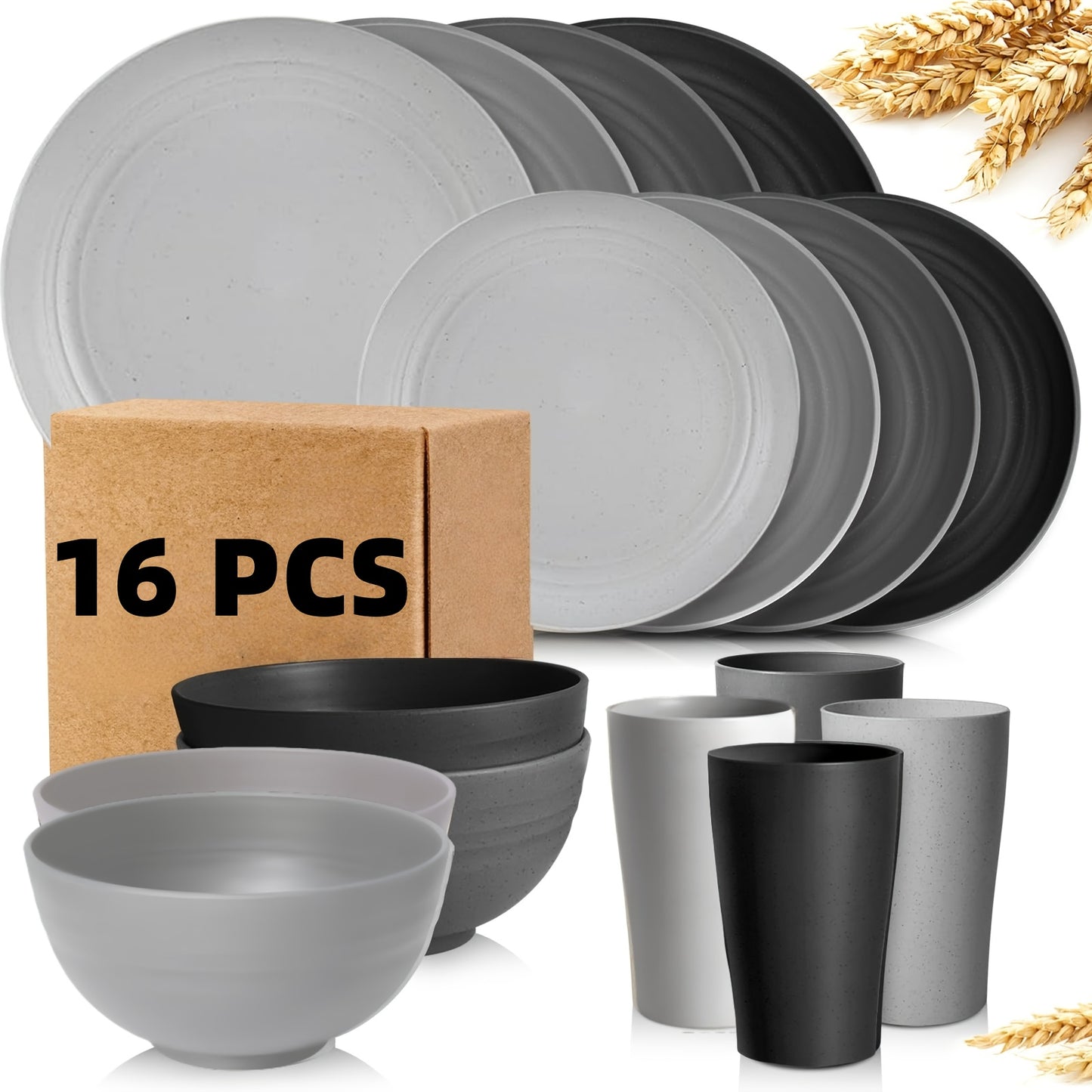 16/32pcs Kitchen Wheat Straw Large Size Dinnerware Set, For 4/8, Unbreakable Modern Dish Set Dinner Plate/Dessert Plate/Cereal Bowl/Cup, Dishwasher Safe, Lightweight Tableware, Camping And Everyday Use, Gifts For Men/Women/Ch