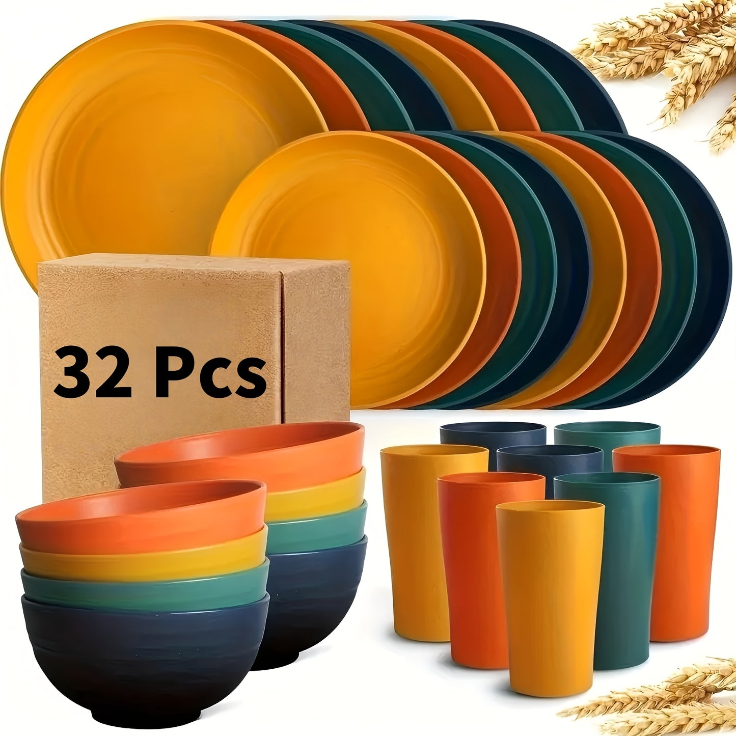 [Unbreakable Dinnerware Set] 32/17/16pcs Wheat Straw Dinnerware Set | Service For 8/4, Large Size Modern Dish Set-Plate/Dessert Plate/Bowl/Cup, Lightweight Tableware, Perfect For Camping, Gifts For Christmas/Halloween, Local