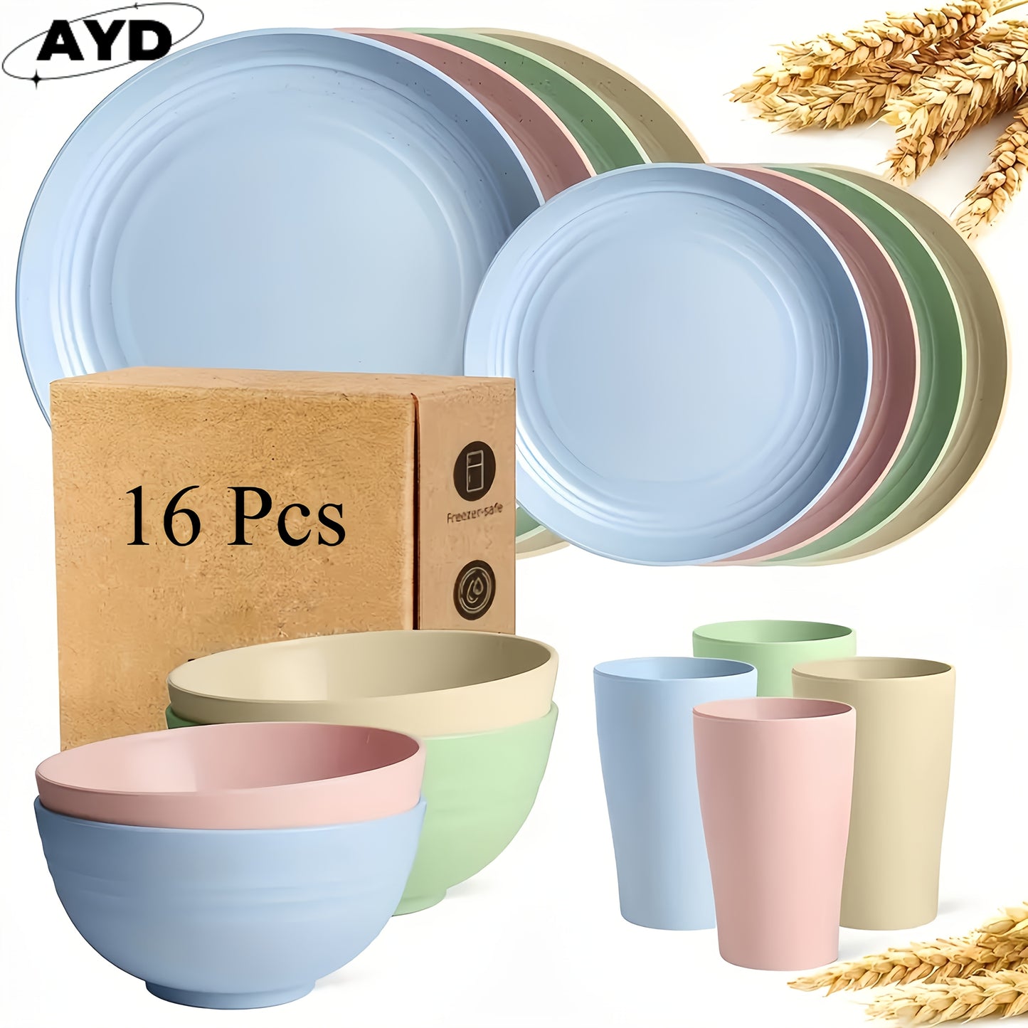 [Unbreakable Dinnerware Set] 32/16pcs Unbreakable Wheat Straw Dinnerware Set | Service For 8/4, Large Size Modern Dish Set-Plate/Dessert Plate/Bowl/Cup, Dishwasher & Microwave Safe, Lightweight Tableware, Perfect for Camping,