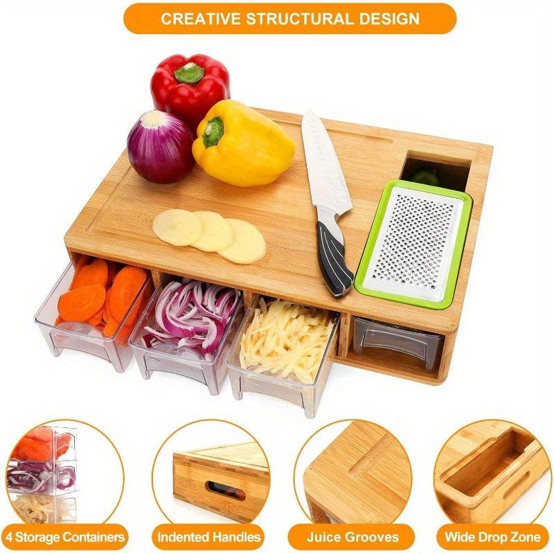 1pc Durable Bamboo Cutting Board With Drawers, With Juice Grooves, Easy - Grip Handles & Food Sliding Opening, Carving Board With Trays For Food Storage, Transport And Cleanup, Essential For Apartments, Gifts For Men Dad Father - Buy That Thang