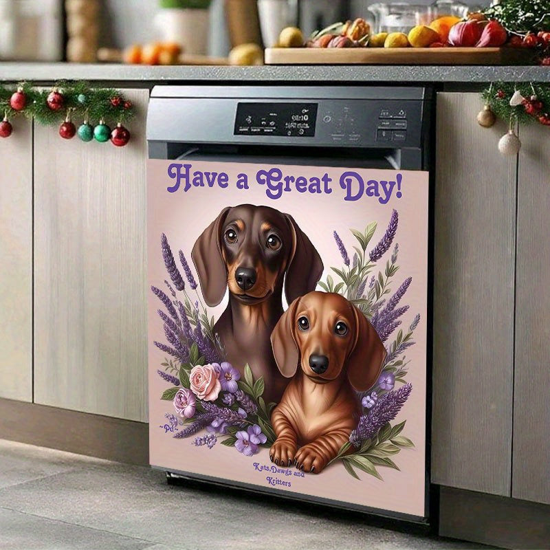 2pcs, 2D Flat = Cute Dachshund and Floral 2D Pattern Stickers, Suitable for Home Dishwasher, Washing Machine, Surface Refrigerator, Cabinet, Room, Door Bedroom, Kitchen, Office, and More, 2D Flat,