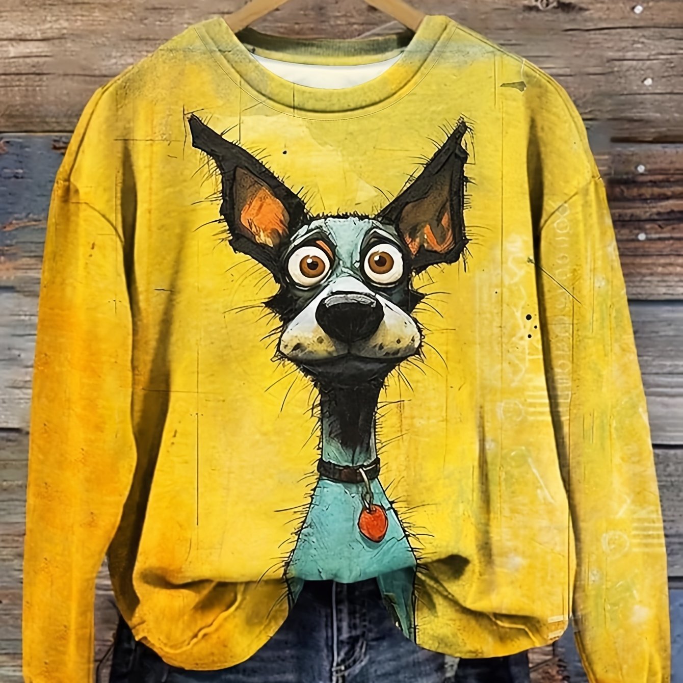 Women'S Casual Long Sleeve Crew Neck Sweatshirt with Playful Chihuahua Print - Vibrant Yellow, Loose Fit, All-Season Comfort, Casual Wear|Playful Print Top|Comfortable Fit