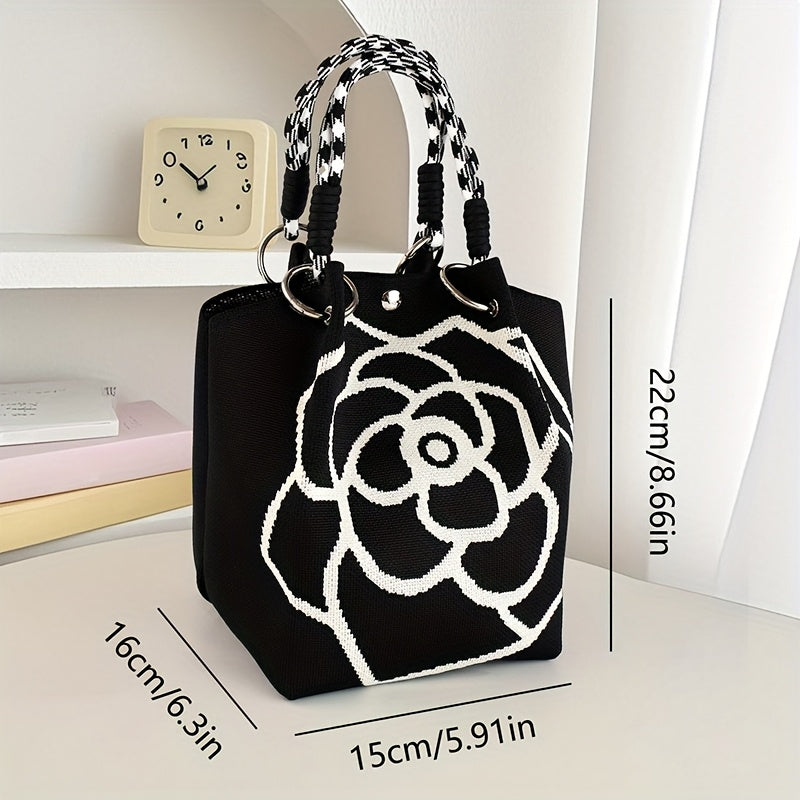 Ladies' Floral Knitted Handbag - Made of durable polyester, with a fixed shoulder strap and magnetic closure. The spacious white and black pattern design is suitable for travel, outdoor activities, and daily use - An eterna