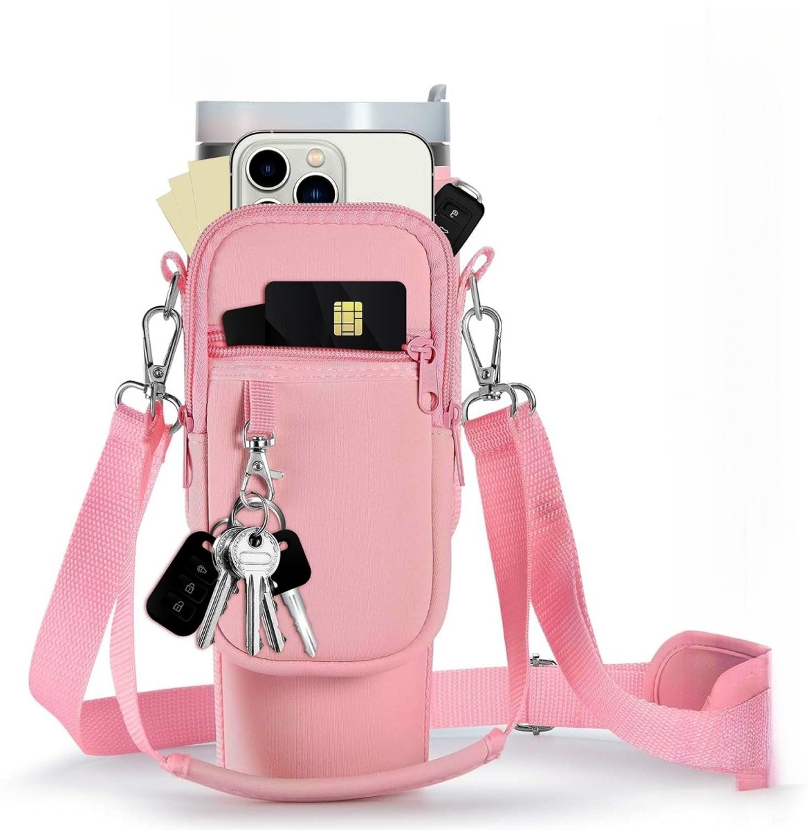 40oz Pink Insulated Travel Mug Holder with Adjustable Strap – Snug - Fit Design for Secure Carrying, Ideal for Gym, School, Dorm, and Camping, Mug Not Included, Gym Drinkware | Stylish Cup Holder | Secure Carry Strap - Buy That Thang