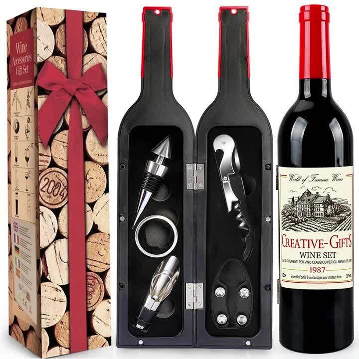 [Wine Opener Set] 5pcs Red Wine Bottle Opener Set | Bottle Opener+Preserving Stopper+Paper Cutter+Pourer+Drip Stopper - Color Box Packaging for Christmas New Year Wedding Gifts