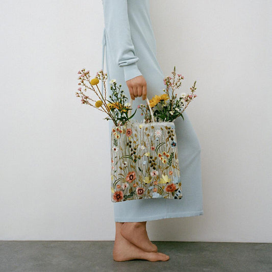 Embroidery Flower One Shoulder Portable Lace Tote Bag Artsy Ancient Style