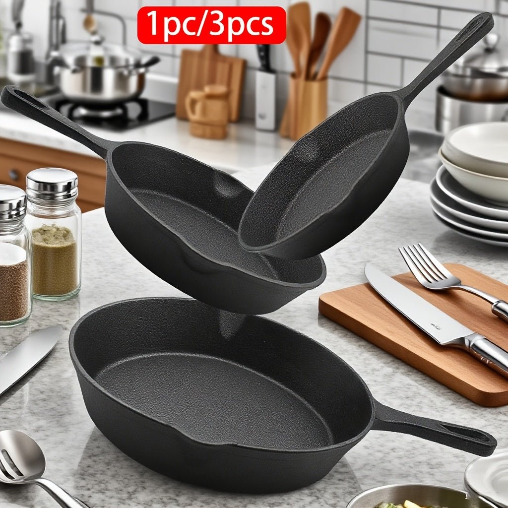 3pcs, 1pc Cast Iron Skillet Set, Cast Iron Pan Without Coating Set, 6 Inch/8 Inch/10 Inch Cast Iron Frying Pan for Steak, Eggs Cooking, Household Pan, Kitchen Accessories, Home Cookware Essentials, Multifunctional Pan for Ind - Buy That Thang