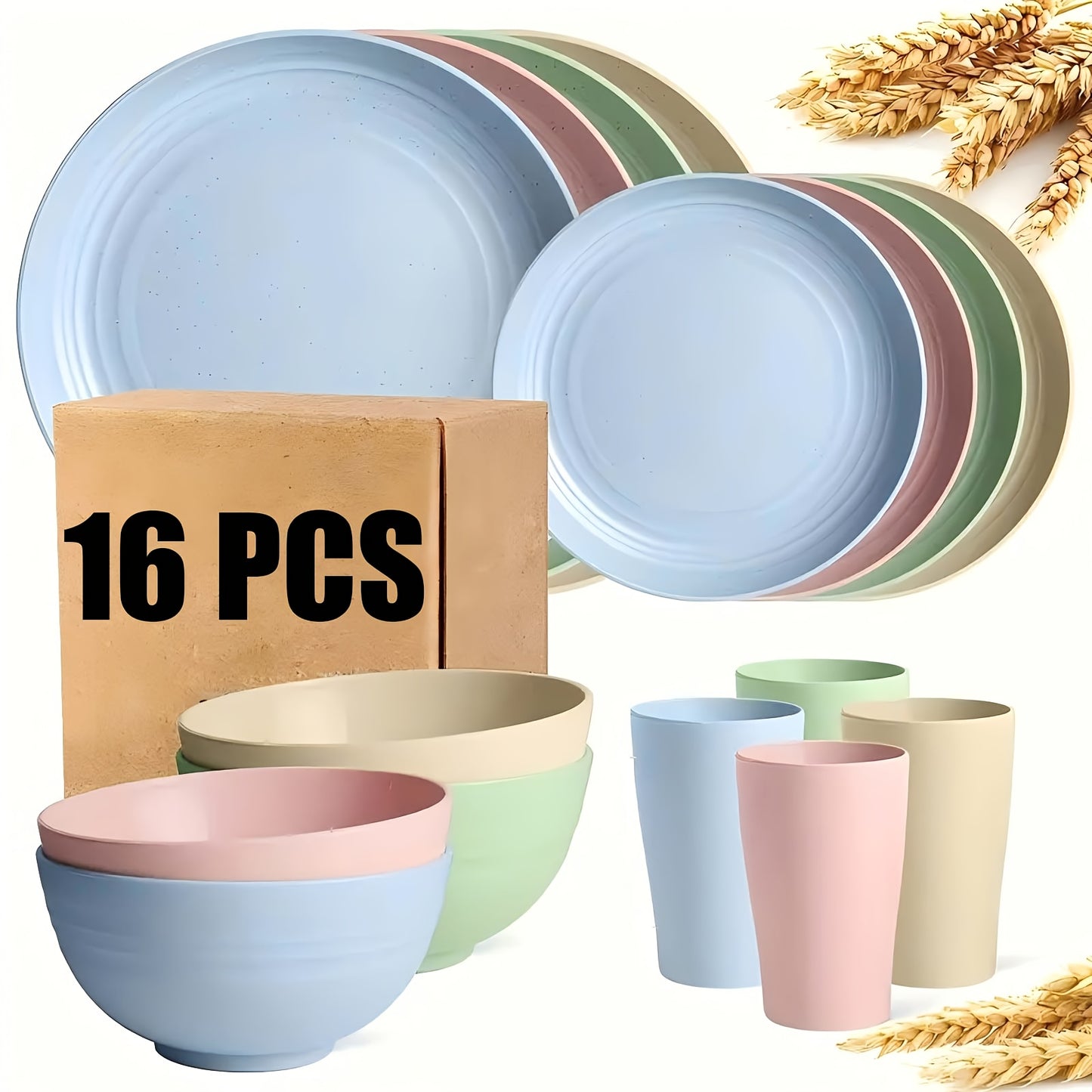 16/32pcs Kitchen Wheat Straw Large Size Dinnerware Set, For 4/8, Unbreakable Modern Dish Set Dinner Plate/Dessert Plate/Cereal Bowl/Cup, Dishwasher Safe, Lightweight Tableware, Camping And Everyday Use, Gifts For Men/Women/Ch