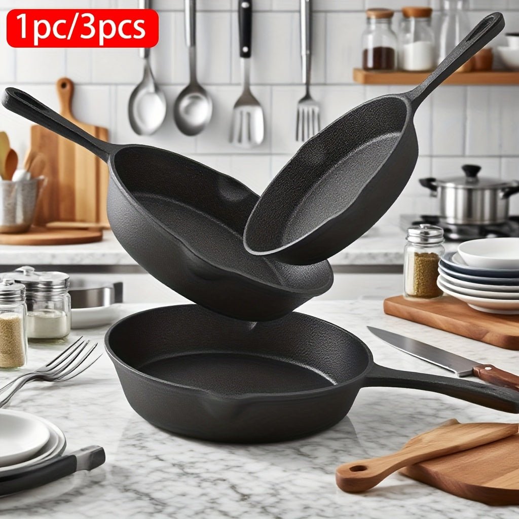 3pcs, 1pc Cast Iron Skillet Set, Cast Iron Pan Without Coating Set, 6 Inch/8 Inch/10 Inch Cast Iron Frying Pan for Steak, Eggs Cooking, Household Pan, Kitchen Accessories, Home Cookware Essentials, Multifunctional Pan for Ind - Buy That Thang