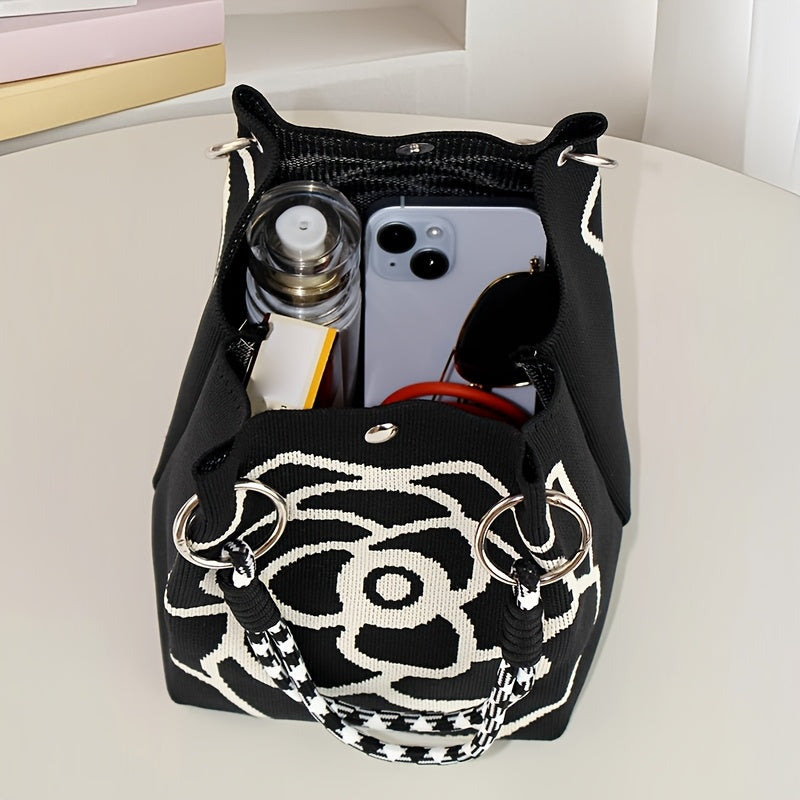 Ladies' Floral Knitted Handbag - Made of durable polyester, with a fixed shoulder strap and magnetic closure. The spacious white and black pattern design is suitable for travel, outdoor activities, and daily use - An eterna