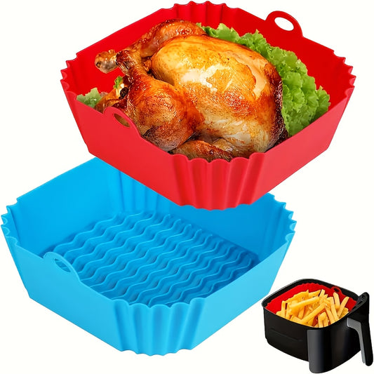 Two-piece Square/round Silicone Air Fryer Pad - 8-inch Reusable Air Fryer Accessory - Air Fryer Insert Suitable for 4 to 7 Quart Ovens And Microwave Ovens (red + Blue)