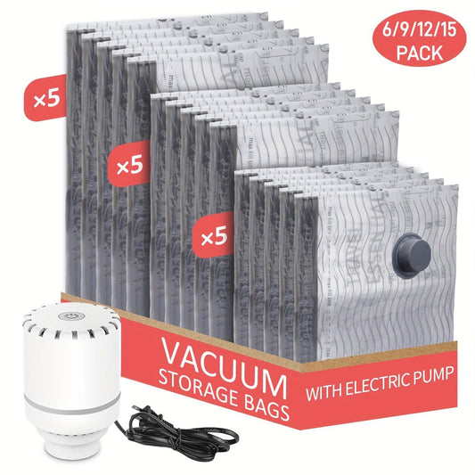 Electric Pump Set with 6/9/12/15 Travel Vacuum Storage Bags, Saving 75% of Space for Travel Packing, Designed in Three Sizes Specifically for Suitcases, Featuring an Upgraded Wide Opening for Easy Packing And Unpacking - Buy That Thang