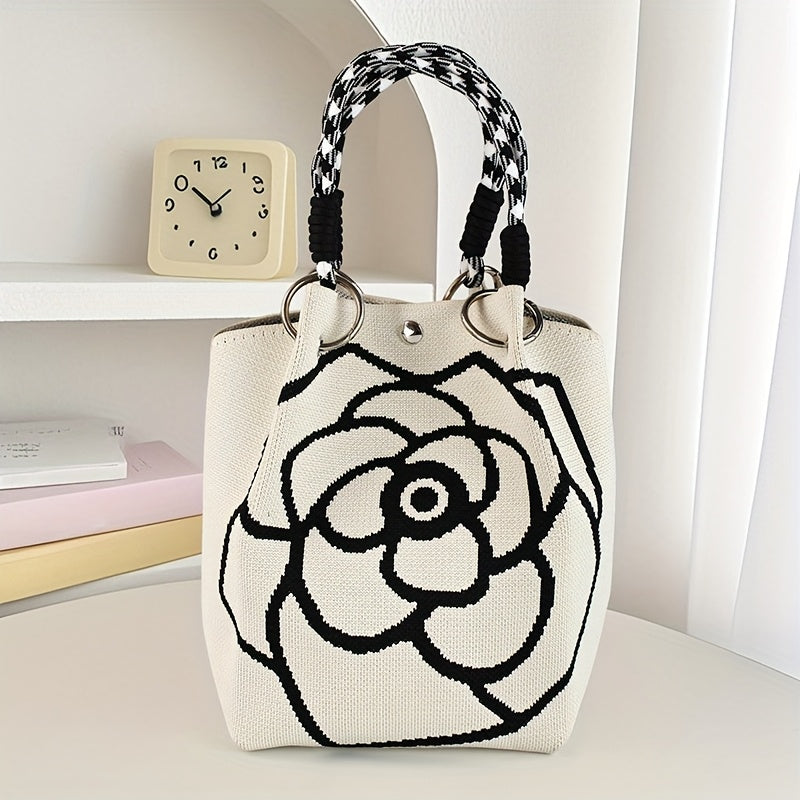 Ladies' Floral Knitted Handbag - Made of durable polyester, with a fixed shoulder strap and magnetic closure. The spacious white and black pattern design is suitable for travel, outdoor activities, and daily use - An eterna