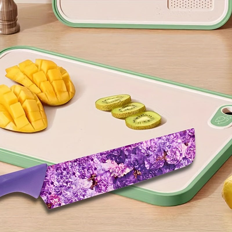 6pcs Jasmine Flower Pattern Kitchen Knife Set Colorful Printing, High Carbon Stainless Steel Blades, Ergonomic Handles, Sharp Meat Cleaver, Serrated Bread Knife, Precise Scissors, Peeler - Perfect Cooking Gifts for Women And - Buy That Thang