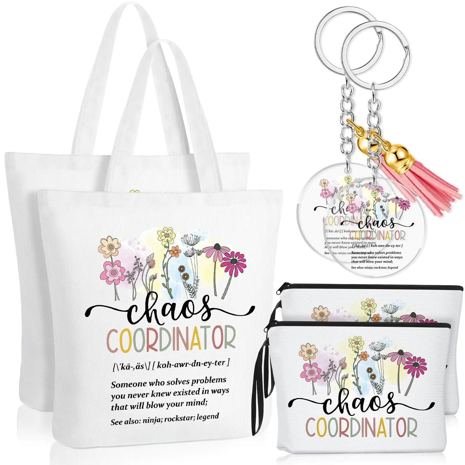 Bulyoou 6 Pcs Chaos Coordinator Gifts for Women Appreciation Makeup Bag Chaos Coordinator Tote Bag Cosmetic Bags Canvas Tote Bag Acrylic Key Chains with Zipper Tassel for Coworker - Buy That Thang