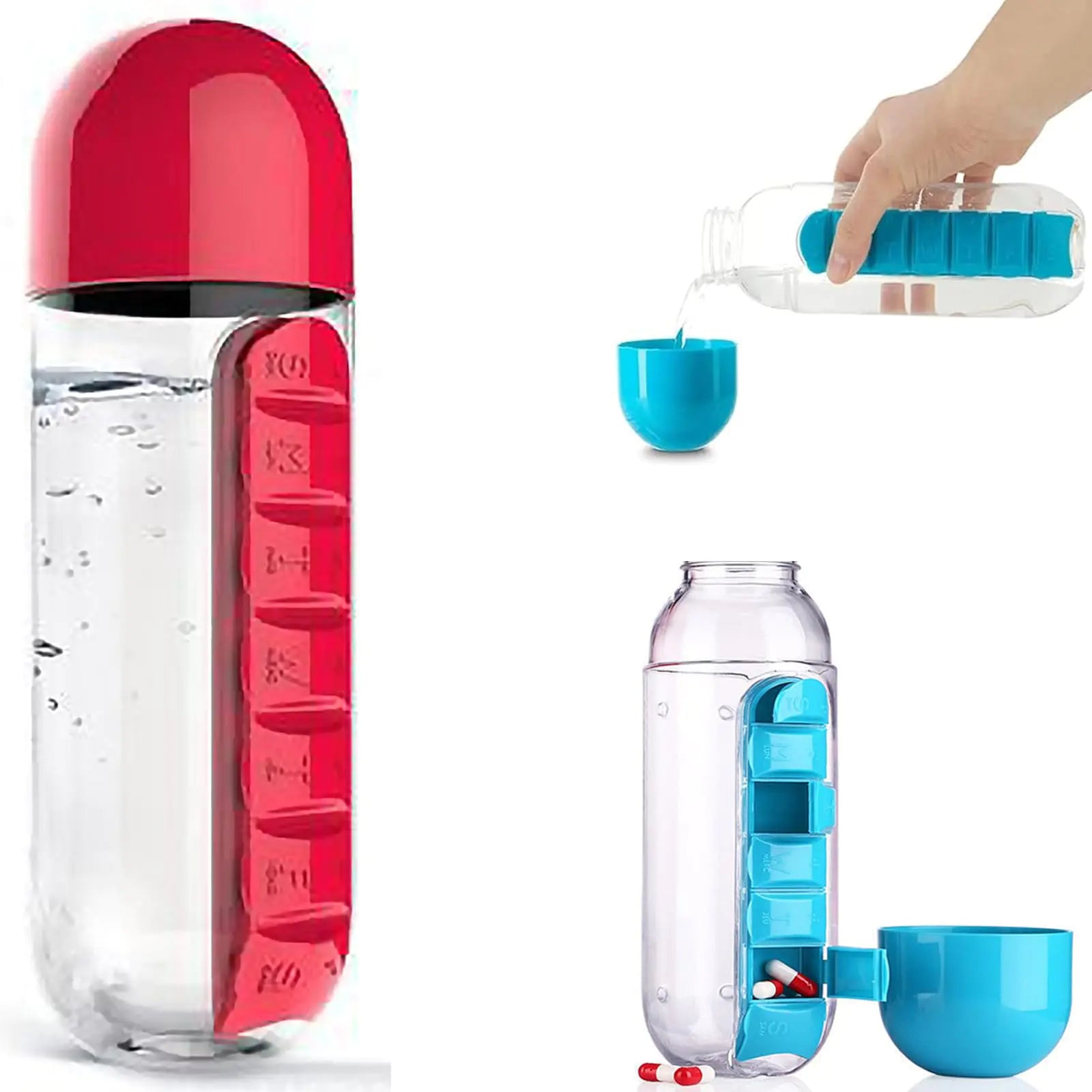 2 in 1 Pill Box Cup Organizer with Water Bottle 7 Day Water Bottle with Pill Organizer Case 600 ML Daily Medicine Storage Box and Water Bottle Combination Medication Cup Holder for Sport Travel (C - Buy That Thang