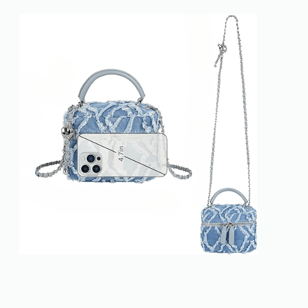 Women Denim Mini Bucket Shoulder Crossbody Bag Zipper Top Handle Quilted Distressed Barrel Shape Satchel Purse Blue - Buy That Thang