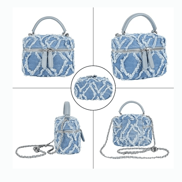 Women Denim Mini Bucket Shoulder Crossbody Bag Zipper Top Handle Quilted Distressed Barrel Shape Satchel Purse Blue - Buy That Thang