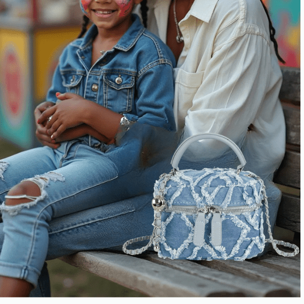 Women Denim Mini Bucket Shoulder Crossbody Bag Zipper Top Handle Quilted Distressed Barrel Shape Satchel Purse Blue - Buy That Thang