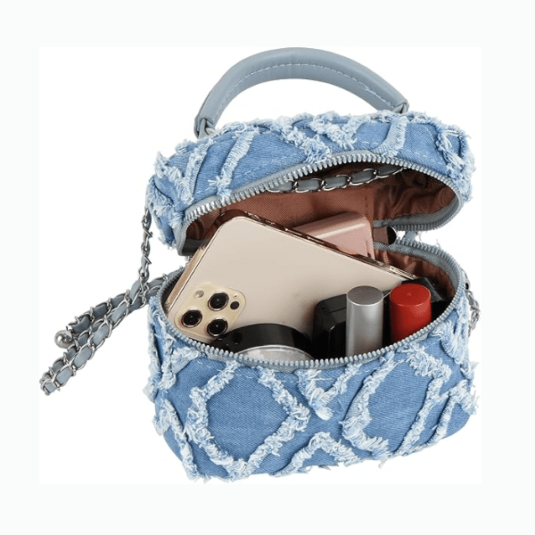 Women Denim Mini Bucket Shoulder Crossbody Bag Zipper Top Handle Quilted Distressed Barrel Shape Satchel Purse Blue - Buy That Thang