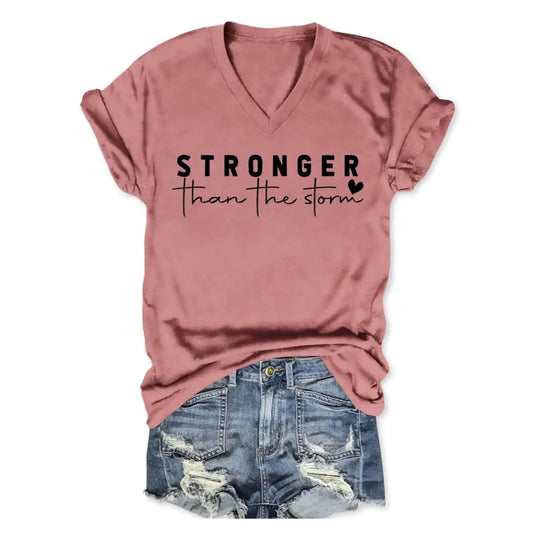 BVNTGSR Stronger Than The Storm Tshirt Women Christian V Neck T Shirts Religious Faith Graphic Tees Inspirational T-Shirts - Buy That Thang