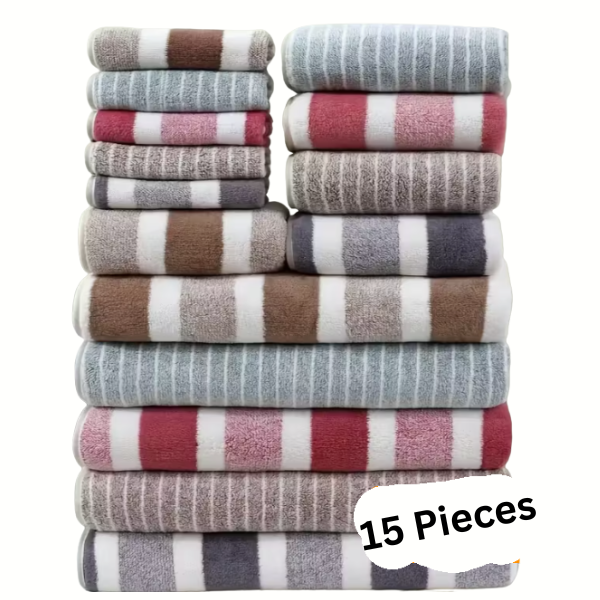 15pcs Coral Fleece Towel Set, Including 5 Face Towels, 5 Hand Towels And 5 Bath Towels, Comfortable Absorbent And Quick Drying Bath Towels, Suitable For Hotels, Sports, Travel, Fitness, Yoga, Ideal Bathroom Supplies, Wash Clo